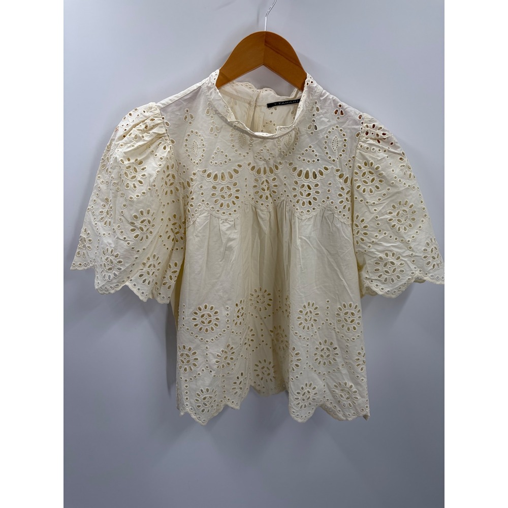 T Tahari Womens Cream Cotton Eyelet Embroidered Mock Neck Blouse Small NWT - Picture 3 of 12